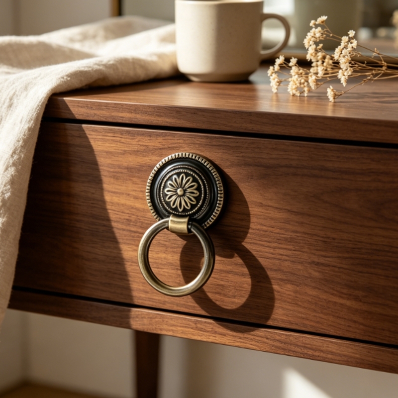 Furniture Hardware Drop Pulls - アンティークブロンズドロッププル引き出しハードウェアセット6個パック、エンボス加工ラウンドバックプレート、キャビネット用シングルホール家具プルD2RD