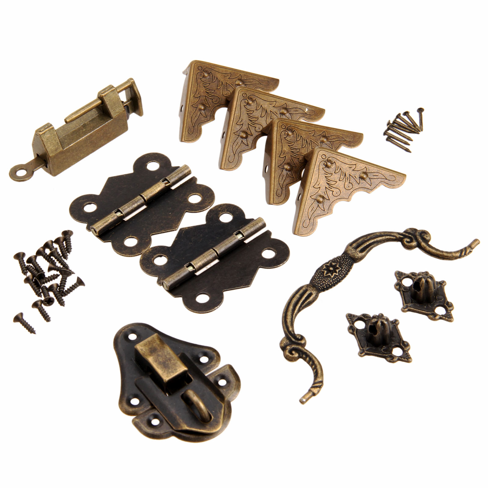 Furniture Hardware Parts - 9ピース/セット家具継手中国真鍮ハードウェアアンティーク木製ボックスラッチマスププルハンドルヒンジコーナープロテクター古いロック